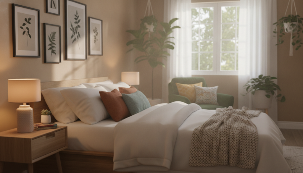 A beautifully arranged cozy bedroom, showcasing the perfect layout for comfort and tranquility. The foreground features a neatly made bed with fluffy white bedding and a soft, textured throw blanket draped across the end. On one side, a stylish nightstand holds a warm, glowing lamp and a few decorative items. In the middle ground, a plush armchair with colorful cushions invites relaxation, positioned near a spacious window that allows soft, natural light to filter in, creating a serene atmosphere. The background displays warm-toned walls adorned with framed artwork and plants that add a touch of nature. The overall mood is inviting and peaceful, captured with soft lighting, a wide-angle lens to encompass the space, and a gentle focus that makes the room feel intimate and welcoming. A beautifully arranged cozy bedroom, showcasing the perfect layout for comfort and tranquility. The foreground features a neatly made bed with fluffy white bedding and a soft, textured throw blanket draped across the end. On one side, a stylish nightstand holds a warm, glowing lamp and a few decorative items. In the middle ground, a plush armchair with colorful cushions invites relaxation, positioned near a spacious window that allows soft, natural light to filter in, creating a serene atmosphere. The background displays warm-toned walls adorned with framed artwork and plants that add a touch of nature. The overall mood is inviting and peaceful, captured with soft lighting, a wide-angle lens to encompass the space, and a gentle focus that makes the room feel intimate and welcoming.