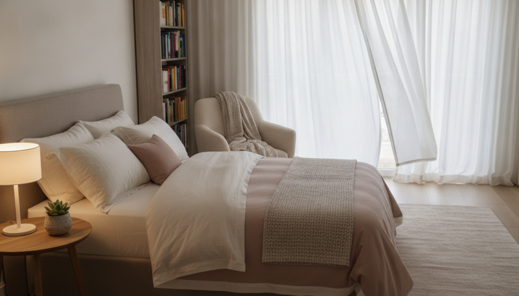 A cozy bedroom scene featuring a harmonious blend of design elements: in the foreground, a plush bed adorned with soft, layered bedding in neutral tones and pastel accents. On one side, a stylish bedside table with a small potted plant and an elegant lamp, casting warm light. The middle ground includes a comfortable reading nook with a stylish armchair and a small bookshelf filled with neatly arranged books. In the background, curtains gently fluttering in a breeze, softly diffusing natural light from a large window, illuminating the space. The overall atmosphere is serene and inviting, emphasizing relaxation. Use a slightly elevated angle to showcase the room’s layout, ensuring clarity of each design tip concept. A cozy bedroom scene featuring a harmonious blend of design elements: in the foreground, a plush bed adorned with soft, layered bedding in neutral tones and pastel accents. On one side, a stylish bedside table with a small potted plant and an elegant lamp, casting warm light. The middle ground includes a comfortable reading nook with a stylish armchair and a small bookshelf filled with neatly arranged books. In the background, curtains gently fluttering in a breeze, softly diffusing natural light from a large window, illuminating the space. The overall atmosphere is serene and inviting, emphasizing relaxation. Use a slightly elevated angle to showcase the room’s layout, ensuring clarity of each design tip concept.