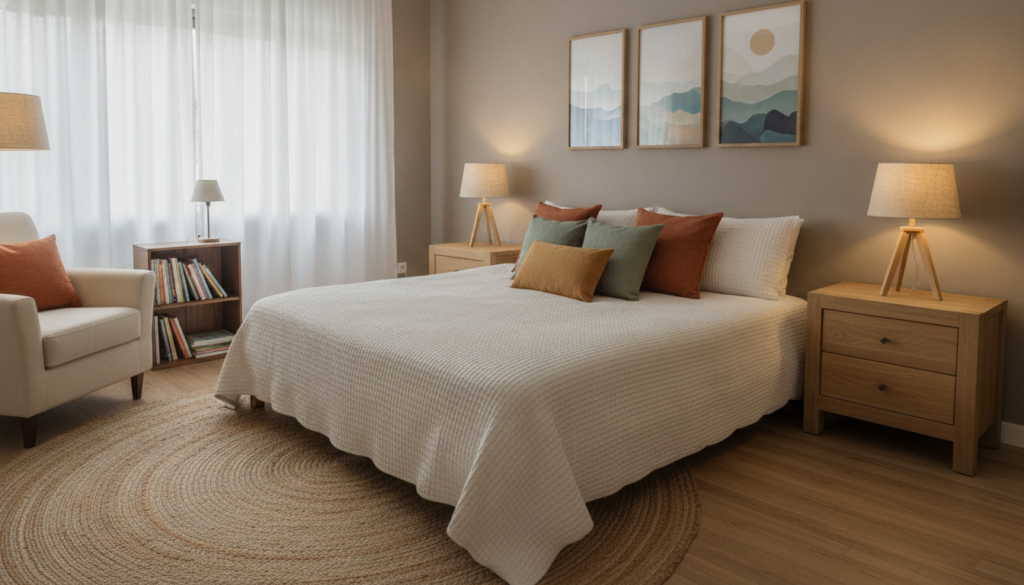 A cozy bedroom scene showcasing a warm and soothing color palette that emphasizes tranquility and comfort. In the foreground, a neatly made bed with a plush, textured duvet in soft cream tones and decorative pillows in muted earth tones. On either side of the bed, stylish wooden nightstands with warm lighting table lamps. In the middle, an inviting woven rug graces the floor, complemented by a subtle light filtering through sheer curtains. The background features a simple yet elegant wall adorned with framed nature-inspired art in soft color schemes. The overall lighting is soft and diffused, creating a calming atmosphere. A cozy reading nook with a chair and small bookshelf is subtly visible in the corner, adding to the peaceful ambiance. The shot is taken from a slight angle to capture depth and warmth. A cozy bedroom scene showcasing a warm and soothing color palette that emphasizes tranquility and comfort. In the foreground, a neatly made bed with a plush, textured duvet in soft cream tones and decorative pillows in muted earth tones. On either side of the bed, stylish wooden nightstands with warm lighting table lamps. In the middle, an inviting woven rug graces the floor, complemented by a subtle light filtering through sheer curtains. The background features a simple yet elegant wall adorned with framed nature-inspired art in soft color schemes. The overall lighting is soft and diffused, creating a calming atmosphere. A cozy reading nook with a chair and small bookshelf is subtly visible in the corner, adding to the peaceful ambiance. The shot is taken from a slight angle to capture depth and warmth.