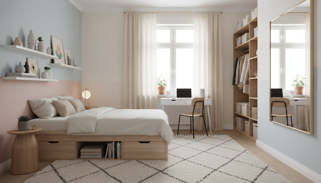 A cozy small bedroom designed for maximizing space, featuring a stylish bed with under-bed storage, a compact nightstand, and wall-mounted shelves displaying curated decorative items. In the foreground, a soft area rug adds warmth. The middle ground showcases a small desk with a modern chair, illuminated by natural light filtering through sheer curtains, highlighting the room's cheerful atmosphere. The background includes a carefully organized closet and a large mirror that reflects light to create an illusion of depth. The color palette is light and airy, with pastel tones, promoting a sense of calmness and openness. A bright, minimalist aesthetic conveys an inviting and well-thought-out space, ideal for setting small bedroom design goals. A cozy small bedroom designed for maximizing space, featuring a stylish bed with under-bed storage, a compact nightstand, and wall-mounted shelves displaying curated decorative items. In the foreground, a soft area rug adds warmth. The middle ground showcases a small desk with a modern chair, illuminated by natural light filtering through sheer curtains, highlighting the room's cheerful atmosphere. The background includes a carefully organized closet and a large mirror that reflects light to create an illusion of depth. The color palette is light and airy, with pastel tones, promoting a sense of calmness and openness. A bright, minimalist aesthetic conveys an inviting and well-thought-out space, ideal for setting small bedroom design goals.