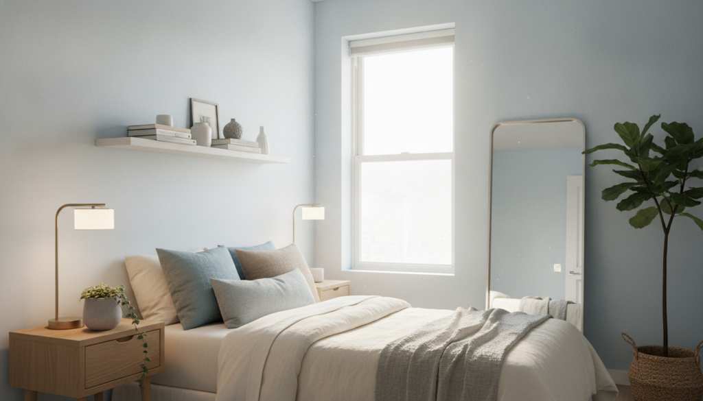 A cozy small bedroom designed to maximize an open layout. In the foreground, a neatly made twin bed with a light-colored duvet and accent pillows, positioned against a large window that pours in soft natural light. The middle shows a minimalist nightstand with a small potted plant and a stylish lamp, paired with a slim wall-mounted shelf displaying books and decor. The background features light, airy wall colors, accentuated by a large, full-length mirror that visually expands the space. Soft, warm lighting adds a welcoming atmosphere, enhanced by a subtle pop of greenery from a nearby indoor plant. The overall vibe is serene, modern, and cleverly designed to make the room appear larger and more inviting. A cozy small bedroom designed to maximize an open layout. In the foreground, a neatly made twin bed with a light-colored duvet and accent pillows, positioned against a large window that pours in soft natural light. The middle shows a minimalist nightstand with a small potted plant and a stylish lamp, paired with a slim wall-mounted shelf displaying books and decor. The background features light, airy wall colors, accentuated by a large, full-length mirror that visually expands the space. Soft, warm lighting adds a welcoming atmosphere, enhanced by a subtle pop of greenery from a nearby indoor plant. The overall vibe is serene, modern, and cleverly designed to make the room appear larger and more inviting.