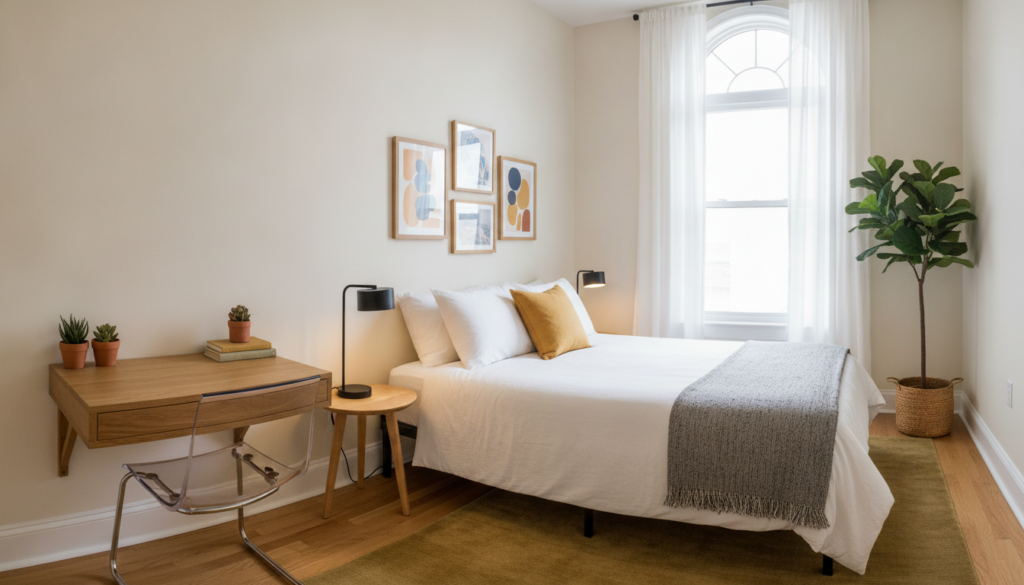 A cozy small bedroom designed to maximize usable floor space, featuring a neatly placed queen-sized bed against a wall with stylish, minimalistic bedding. In the foreground, a small bedside table holds a sleek lamp, while a colorful wall art piece enhances the room's charm. The middle ground showcases a compact desk with a chair, providing a workspace in a limited area, along with some indoor plants that add a touch of greenery. The background reveals a light, airy window, streaming in soft, natural light, illuminating the warm color palette of the room. The overall atmosphere feels inviting and spacious, with an organized layout emphasizing functionality and comfort. The lens angle is wide, capturing the entire room, creating a sense of openness and efficiency. A cozy small bedroom designed to maximize usable floor space, featuring a neatly placed queen-sized bed against a wall with stylish, minimalistic bedding. In the foreground, a small bedside table holds a sleek lamp, while a colorful wall art piece enhances the room's charm. The middle ground showcases a compact desk with a chair, providing a workspace in a limited area, along with some indoor plants that add a touch of greenery. The background reveals a light, airy window, streaming in soft, natural light, illuminating the warm color palette of the room. The overall atmosphere feels inviting and spacious, with an organized layout emphasizing functionality and comfort. The lens angle is wide, capturing the entire room, creating a sense of openness and efficiency.