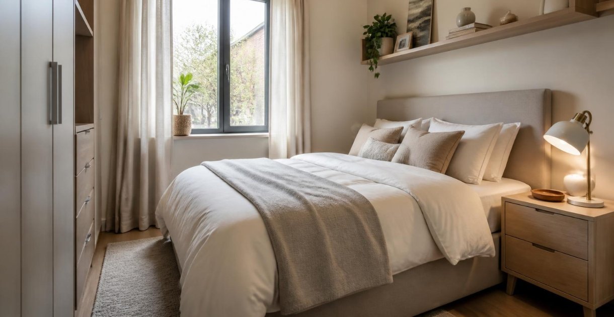 small bedroom with space-saving furniture and cozy modern decor